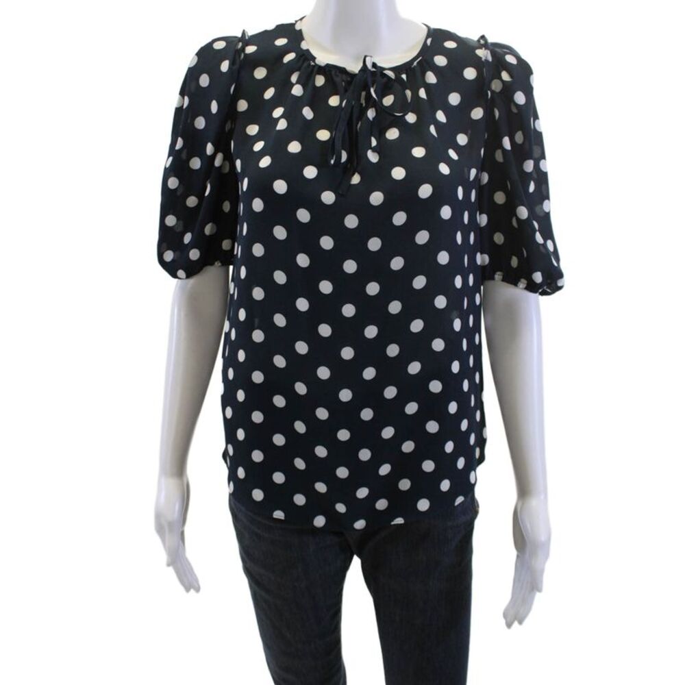 Lini Women Dark Blue Polka Dot Round Neck Short Sleeve Drawstring Blouse Size S